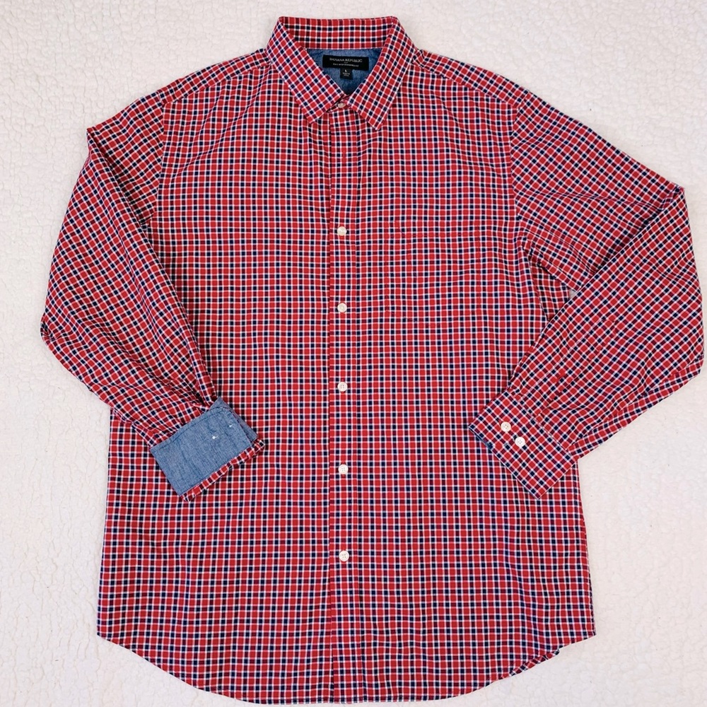 Banana Republic Button Down Shirt Men's L Red Blue Plaid Soft Wash Standard Fit